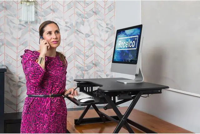 Alt view image 9 of 10 - Rocelco Height Adjustable Standing Desk Riser with Easy Up-Down Handles (Black)