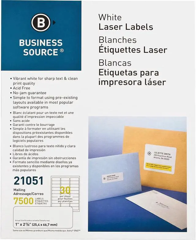 Main image of Business Source Mailing Label Laser 1"x2-5/8" 7500/PK White 21051
