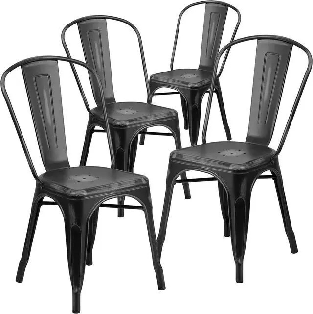Main image of 4 Pk. Distressed Black Metal Indoor Stackable Chair