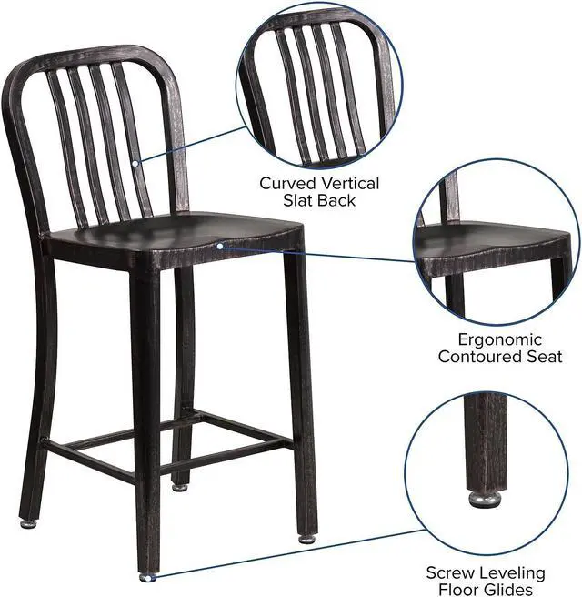 Alt view image 7 of 14 - Flash Furniture 24" High Black-Antique Gold Metal Indoor-Outdoor Counter Stool with Vertical Slat Back 2 Pack (2CH6120024BQ)