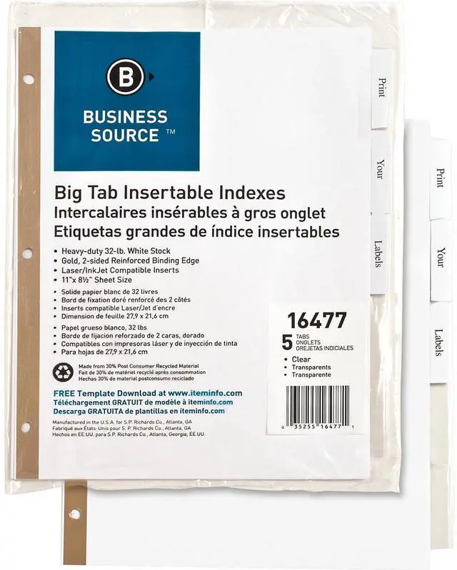 Alt view image 2 of 6 - Business Source Index Dividers 5-Tab 11"x8-1/2" White Stock/Clear Tabs 16477