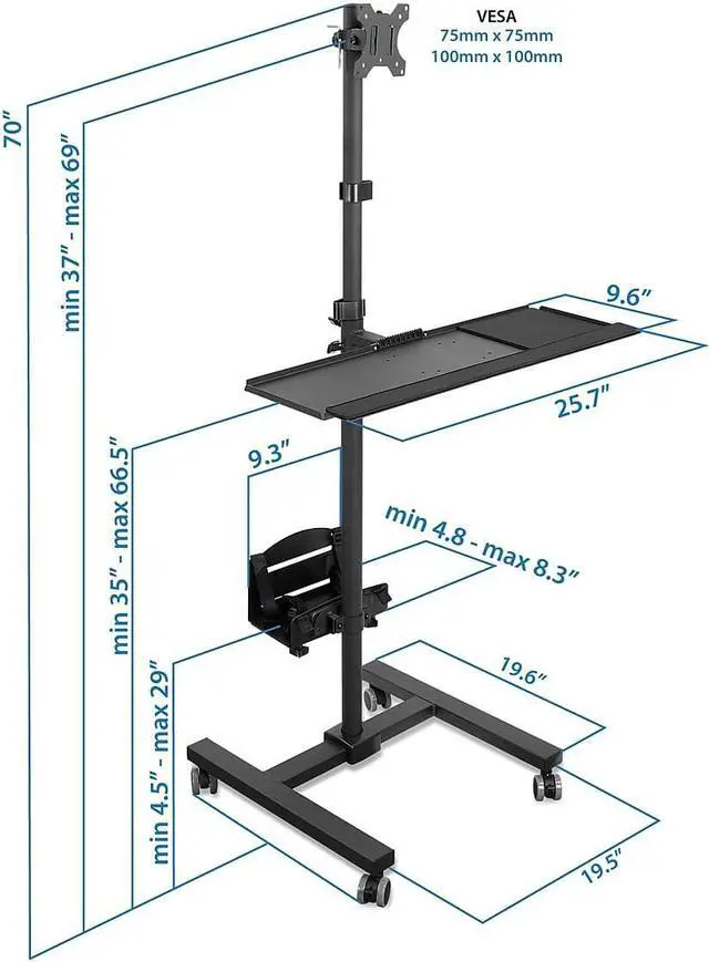 Alt view image 10 of 14 - Mount-It! Rolling Computer Cart | Mobile Workstation with Tray Monitor Mount and CPU Holder