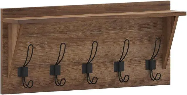 Alt view image 6 of 19 - Daly Wall Mounted 24 Inch Solid Pine Wood Storage Rack with Upper Shelf and 5 Hooks For Entryway, Kitchen, Bathroom, Rustic Brown