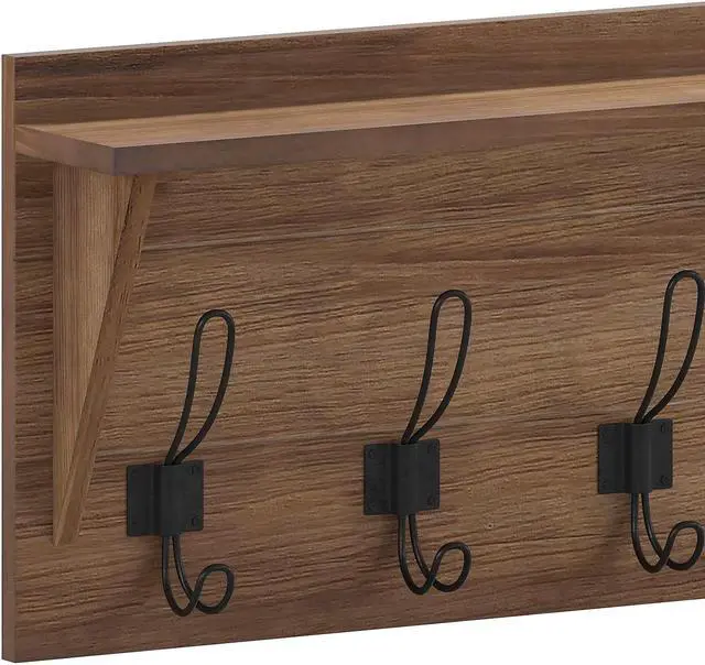 Alt view image 11 of 19 - Daly Wall Mounted 24 Inch Solid Pine Wood Storage Rack with Upper Shelf and 5 Hooks For Entryway, Kitchen, Bathroom, Rustic Brown