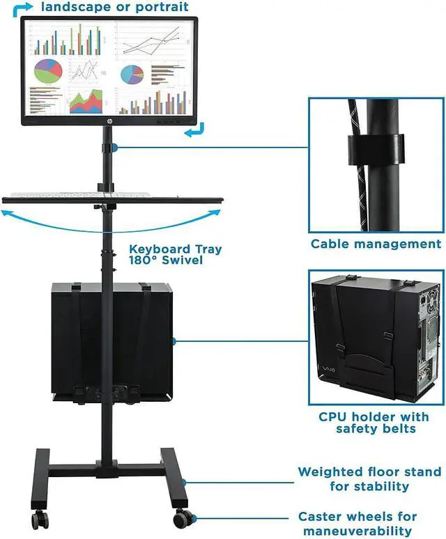 Alt view image 12 of 14 - Mount-It! Rolling Computer Cart | Mobile Workstation with Tray Monitor Mount and CPU Holder