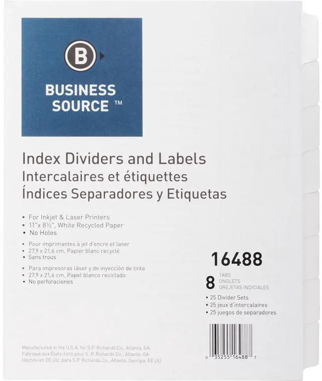 Main image of Business Source Index Dividers Unpunched 8-Tab 25 Sets/BX White 16488