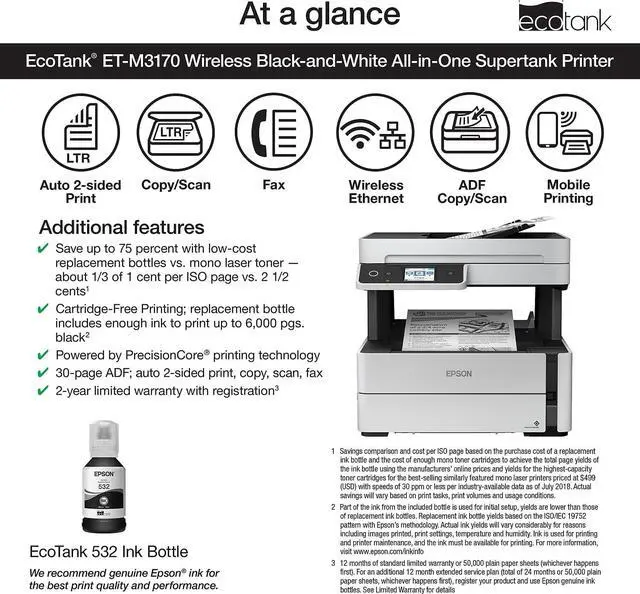 Alt view image 5 of 9 - Epson EcoTank ET-M3170 Wireless Monochrome Inkjet Printer