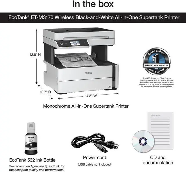 Alt view image 8 of 9 - Epson EcoTank ET-M3170 Wireless Monochrome Inkjet Printer