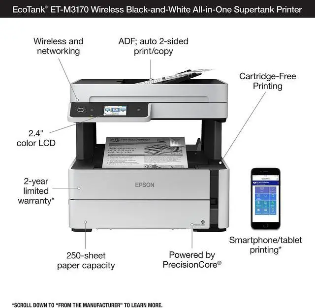 Alt view image 7 of 9 - Epson EcoTank ET-M3170 Wireless Monochrome Inkjet Printer