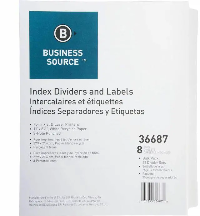 Main image of Business Source Index Dividers 3HP 8-Tab 25 ST/PK 11"x8-1/2" White 36687