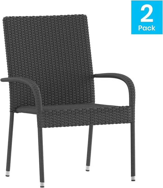 Alt view image 8 of 20 - Maxim Set of 2 Stackable Indoor/Outdoor Wicker Dining Chairs with Arms - Fade & Weather-Resistant Steel Frames - Gray