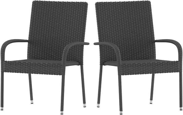 Alt view image 7 of 20 - Maxim Set of 2 Stackable Indoor/Outdoor Wicker Dining Chairs with Arms - Fade & Weather-Resistant Steel Frames - Gray