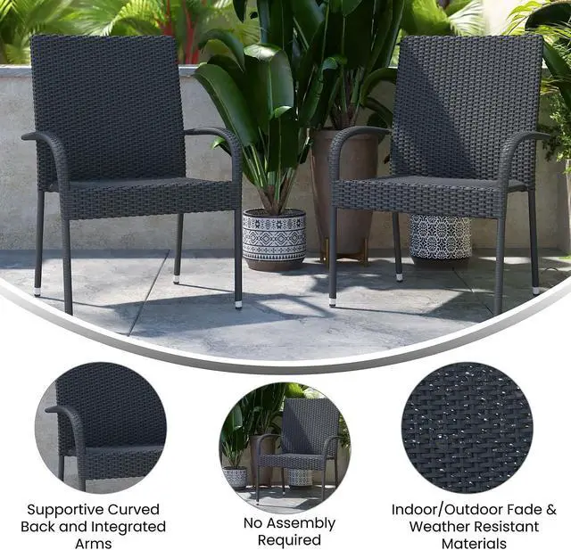 Alt view image 10 of 20 - Maxim Set of 2 Stackable Indoor/Outdoor Wicker Dining Chairs with Arms - Fade & Weather-Resistant Steel Frames - Gray