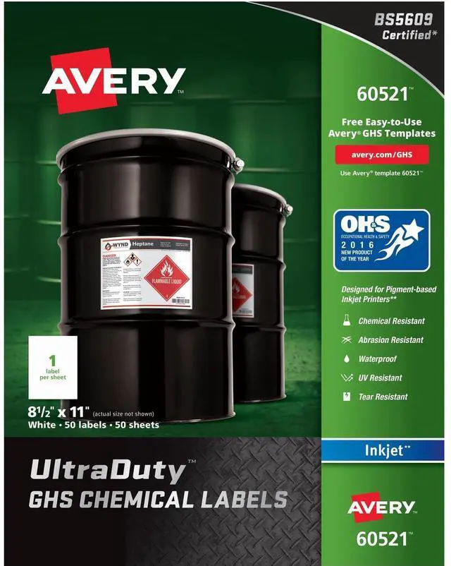 Alt view image 5 of 11 - Avery Chem Label, 8-1/2"W x 11"H, 50 Labels, PK50 Synthetic Film 7278260521