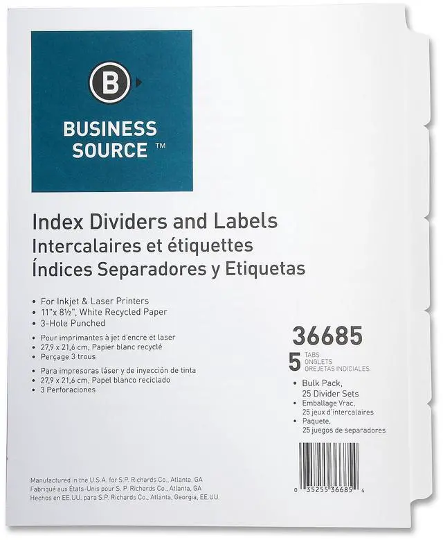 Alt view image 2 of 8 - Business Source Index Dividers 3HP 5-Tab 25 ST/PK 11"x8-1/2" White 36685