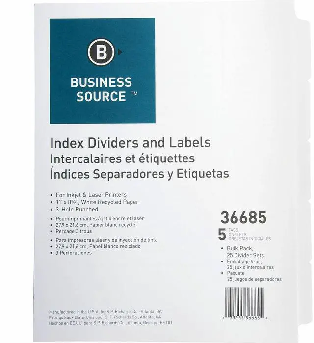Main image of Business Source Index Dividers 3HP 5-Tab 25 ST/PK 11"x8-1/2" White 36685