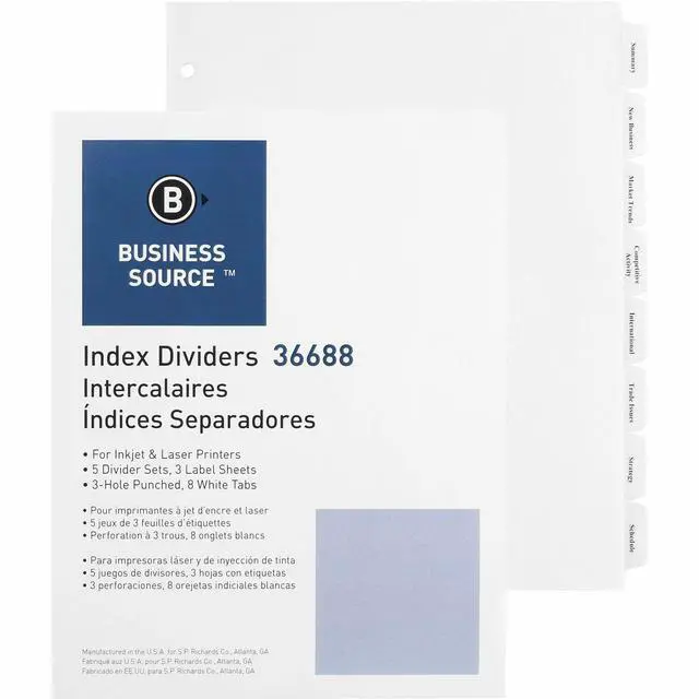 Main image of Business Source Index Dividers 3HP 8-Tab 5 ST/PK 11"x8-1/2" White 36688
