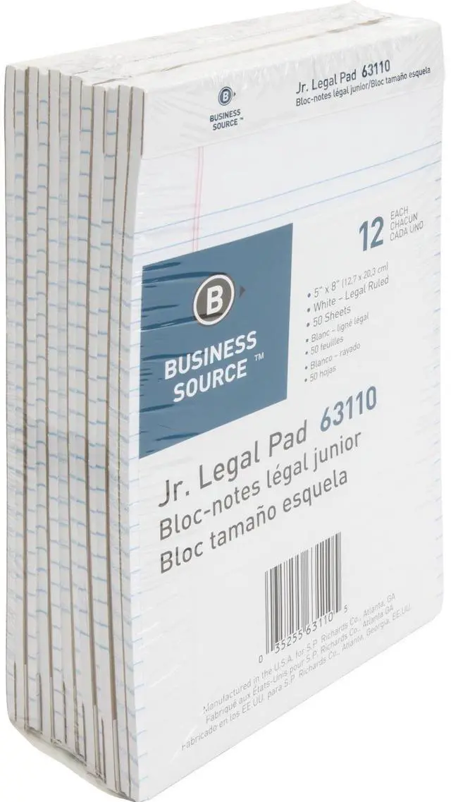 Main image of Business Source Legal Pads Jr. Legal Ruled 50 Sht 5"x8" 12Pack WE 63110