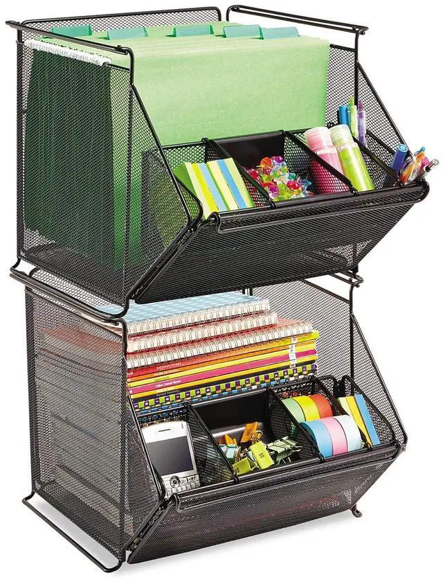 Alt view image 12 of 12 - Onyx Stackable Mesh Storage Bin, 4-Compartment, 14 X 15 1/2 X 11 3/4, Black