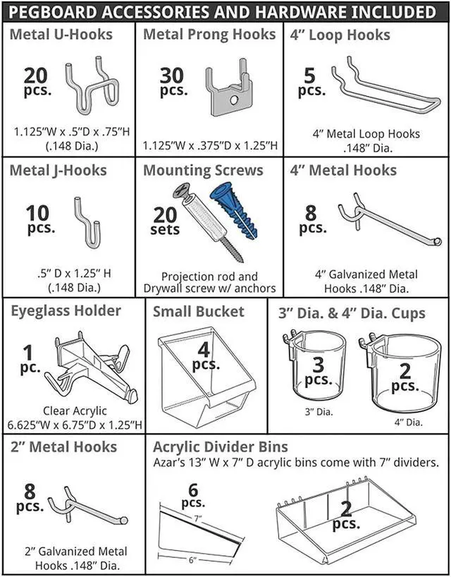 Alt view image 10 of 10 - AZAR DISPLAYS 900988-BLK 125-Piece Pegboard Organizer Kit (2 - 24"x24")