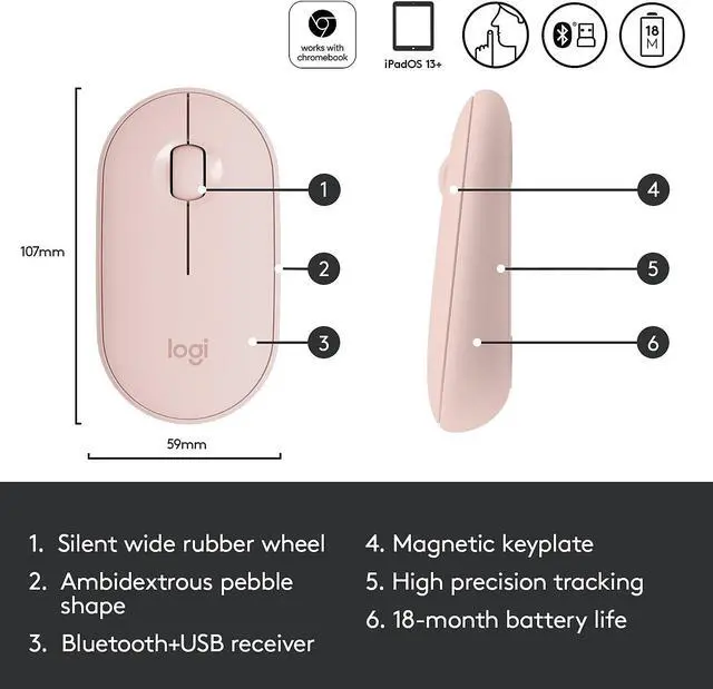 Alt view image 20 of 20 - Logitech Pebble M350 910-005769 Rose Pink 3 Buttons 1 x Wheel Dual (RF / Bluetooth Wireless) Optical Mouse