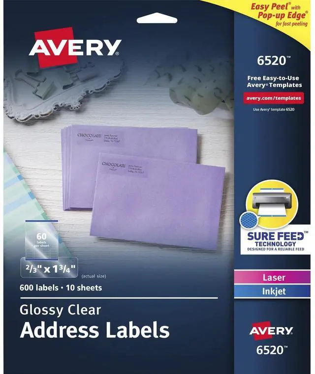 Alt view image 2 of 9 - Avery 6520 Easy Peel Address Labels, 2/3" x 1-3/4", Glossy, Clear - 600 Labels