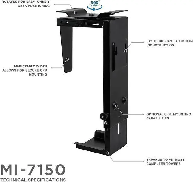 Alt view image 7 of 10 - Mount-It! CPU Under Desk Mount Bracket | 360 Degree Swivel