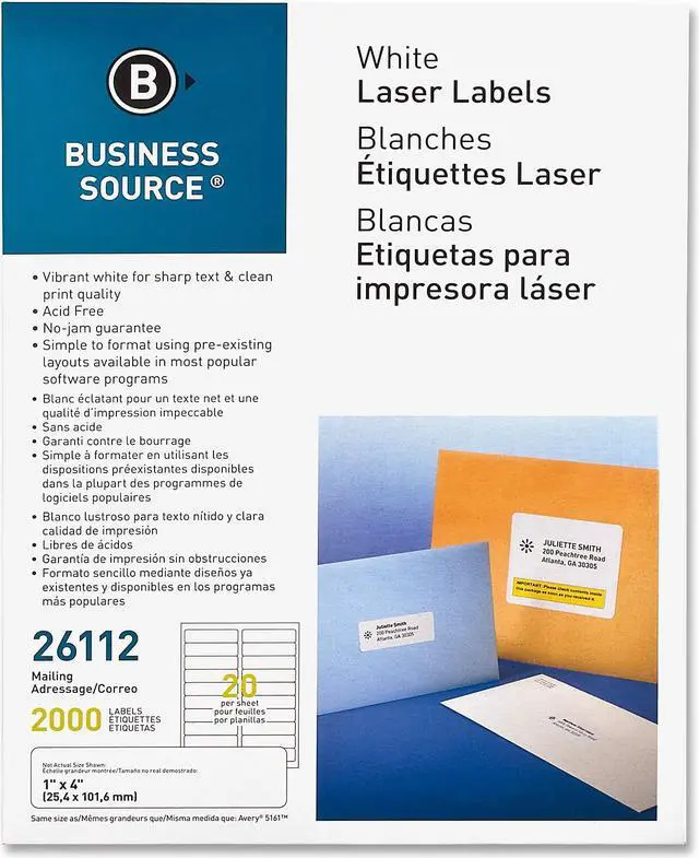 Alt view image 2 of 9 - Business Source Mailing Labels Laser 1"x4" 2000/PK White 26112