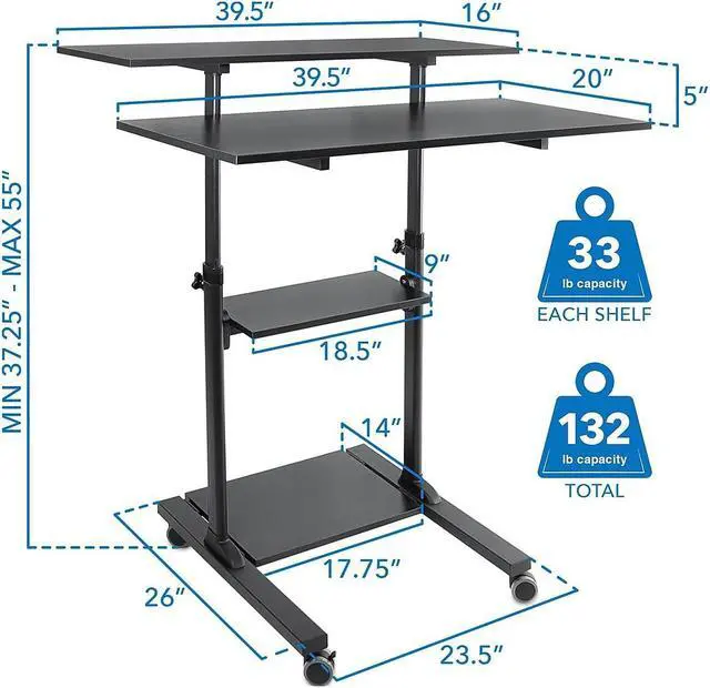 Alt view image 9 of 12 - Mount-It! Wide Mobile Stand Up Desk | Height Adjustable Rolling Workstation with 40" Wide Table Tops | Black