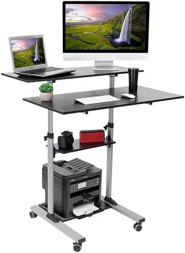 Alt view image 10 of 12 - Mount-It! Wide Mobile Stand Up Desk | Height Adjustable Rolling Workstation with 40" Wide Table Tops | Black