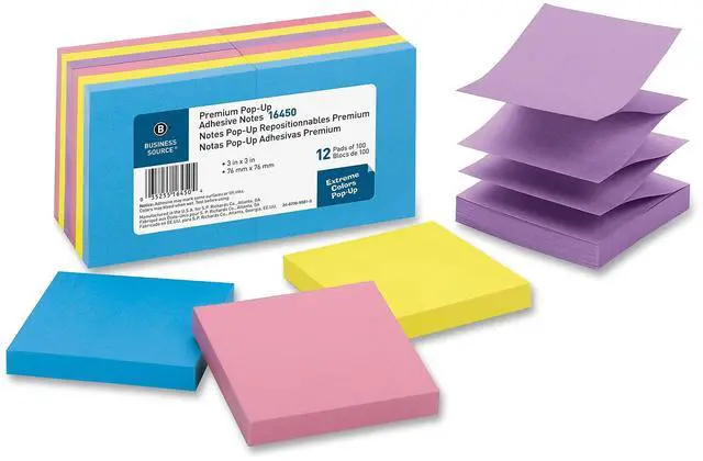 Alt view image 2 of 6 - Business Source Pop-up Adhesive Note Pads 3"x3" 100 Sh 12/PK AST Extreme 16450