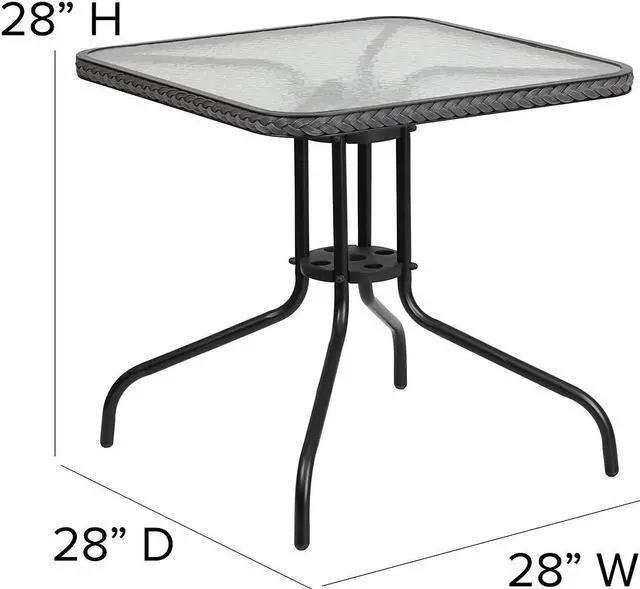 Alt view image 17 of 20 - 28'' Square Tempered Glass Metal Table with Gray Rattan Edging