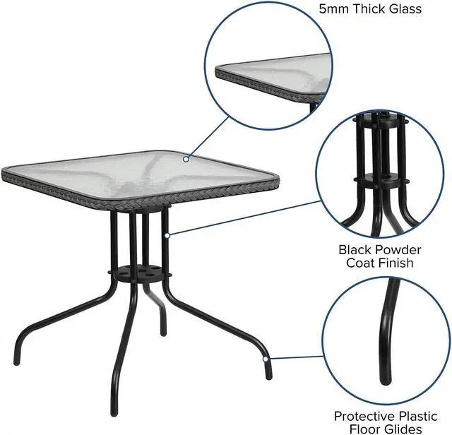 Alt view image 16 of 20 - 28'' Square Tempered Glass Metal Table with Gray Rattan Edging