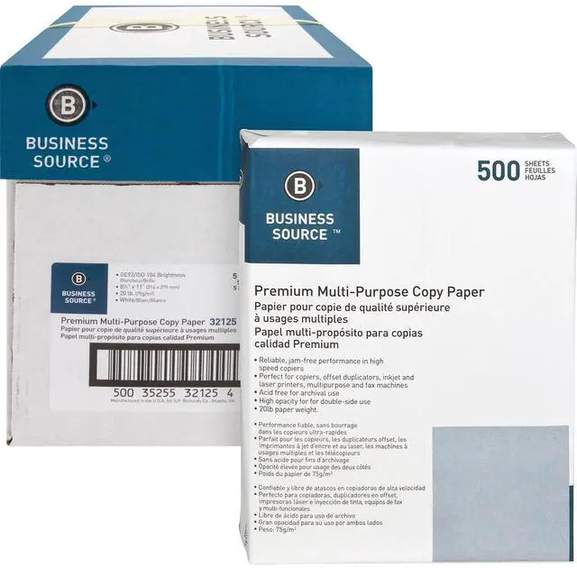 Alt view image 5 of 5 - Business Source Multipurpose Paper 20lb. 92 Bright 8-1/2"x11" 5RM/CT White 32125