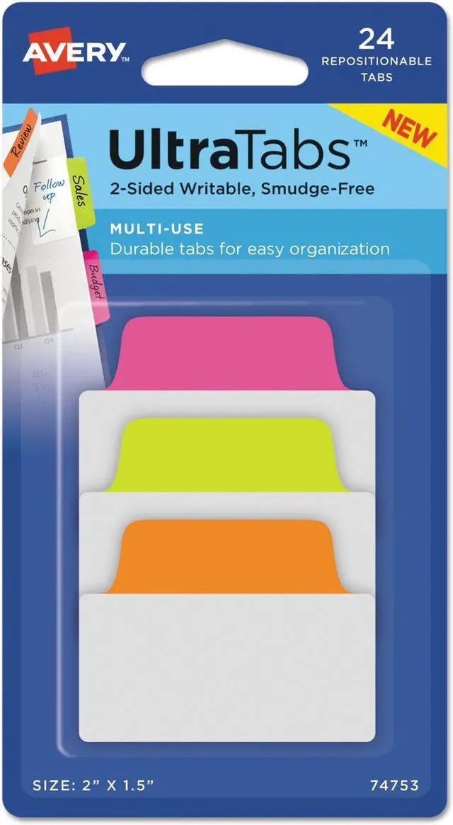 Main image of Avery Ultra Tabs Repositionable Tabs 2 x 1 1/2 Neon: Green Orange Pink 24/Pack