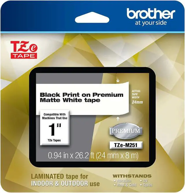 Alt view image 4 of 20 - Brother TZeM251 Black Print on Premium Matte White Laminated Tape for P-touch Label Maker, 24.00 mm (0.94”) wide x 8.00 m (26.2 ft.) long