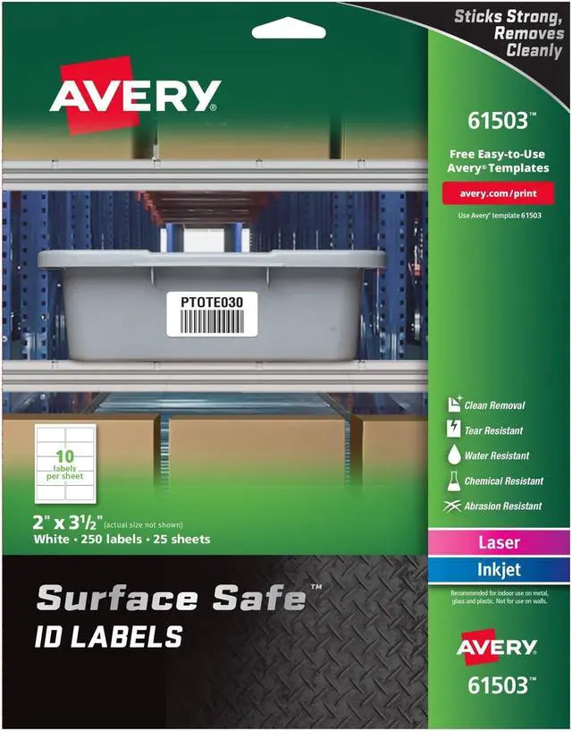 Main image of Avery Surface Safe ID Labels, 2" x 3-1/2", Water Resistant, Matte White, Removable Adhesive, 250 Labels (61503)