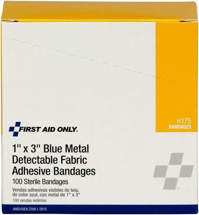 Alt view image 8 of 9 - First Aid Only Adhesive Blue Metal Detectable Bandages 1 x 3 Plastic w/Foil 100/Box H175