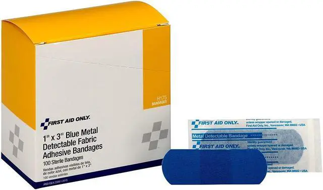 Alt view image 7 of 9 - First Aid Only Adhesive Blue Metal Detectable Bandages 1 x 3 Plastic w/Foil 100/Box H175