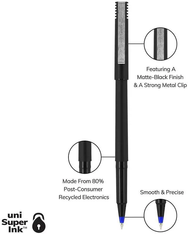 Alt view image 8 of 8 - uni-ball Stick Roller Ball Pen Micro 0.5mm Blue Ink Black Matte Barrel Dozen