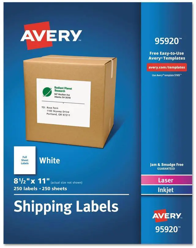 Main image of Avery Shipping Labels, Permanent Adhesive, 8-1/2" x 11", 250 Labels (95920)