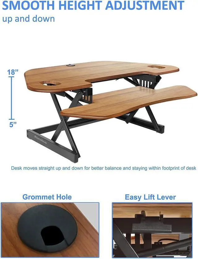 Alt view image 3 of 6 - Rocelco 46""W 5""-18""H Adjustable Corner Standing Desk Converter with ACUSB