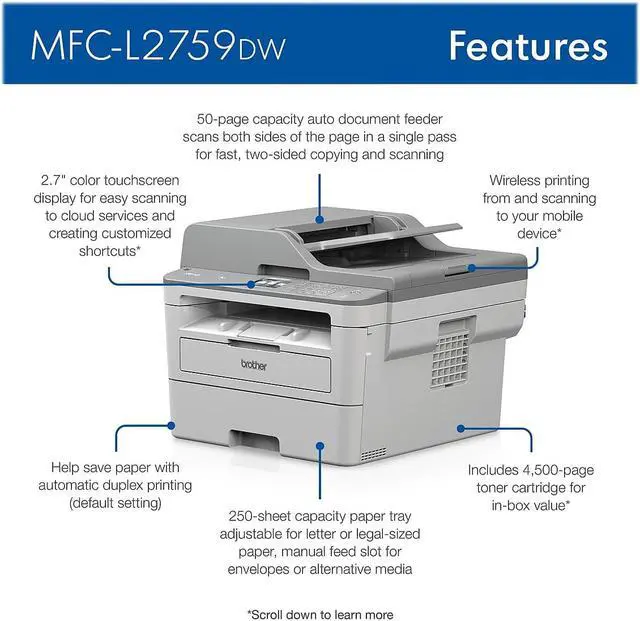 Alt view image 4 of 8 - Brother Workhorse MFC-L2759DW Wireless Laser Multifunction Printer Monochrome