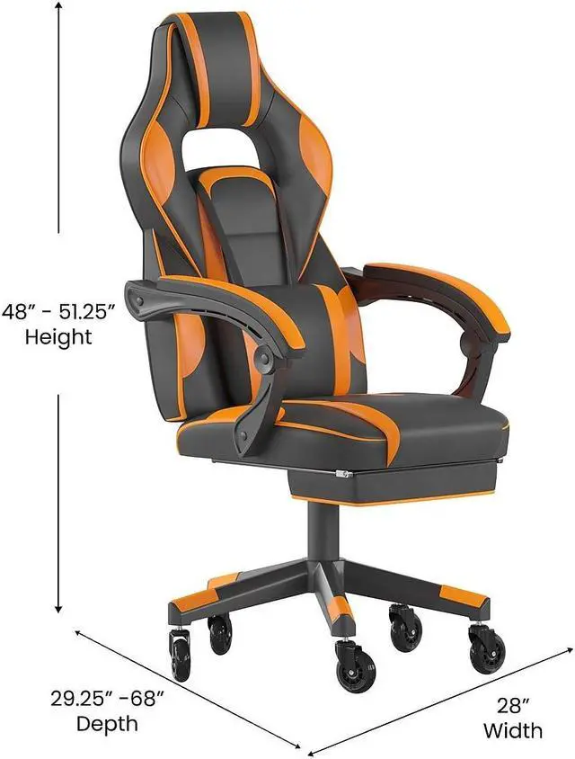 Alt view image 4 of 20 - Flash Furniture X40 Ergonomic LeatherSoft Swivel Gaming Massaging Chair with Transparent Wheels Black/Orange (CH00288ORRLB)