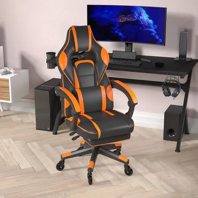 Alt view image 7 of 20 - Flash Furniture X40 Ergonomic LeatherSoft Swivel Gaming Massaging Chair with Transparent Wheels Black/Orange (CH00288ORRLB)