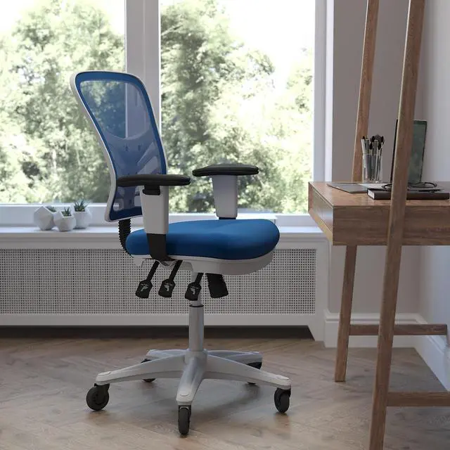 Alt view image 12 of 20 - Nicholas Mid-Back Blue Mesh Multifunction Executive Ergonomic Office Chair with Adjustable Arms, Transparent Roller Wheels, and White Frame