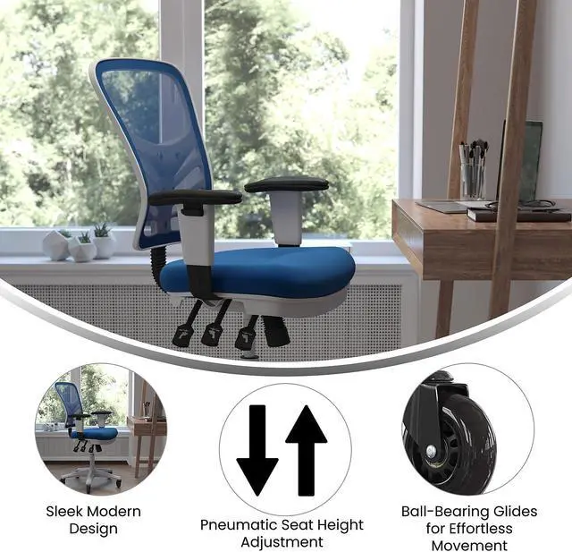 Alt view image 9 of 20 - Nicholas Mid-Back Blue Mesh Multifunction Executive Ergonomic Office Chair with Adjustable Arms, Transparent Roller Wheels, and White Frame