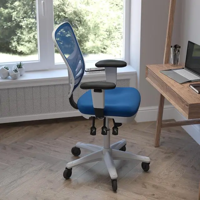 Alt view image 13 of 20 - Nicholas Mid-Back Blue Mesh Multifunction Executive Ergonomic Office Chair with Adjustable Arms, Transparent Roller Wheels, and White Frame