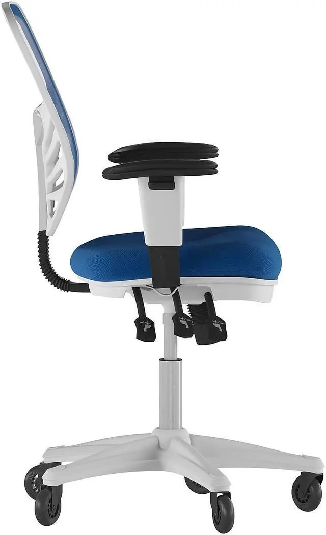 Alt view image 11 of 20 - Nicholas Mid-Back Blue Mesh Multifunction Executive Ergonomic Office Chair with Adjustable Arms, Transparent Roller Wheels, and White Frame