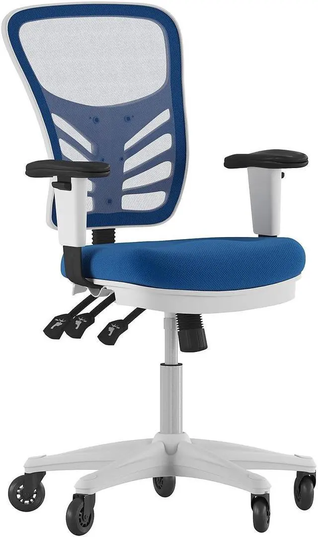 Alt view image 7 of 20 - Nicholas Mid-Back Blue Mesh Multifunction Executive Ergonomic Office Chair with Adjustable Arms, Transparent Roller Wheels, and White Frame